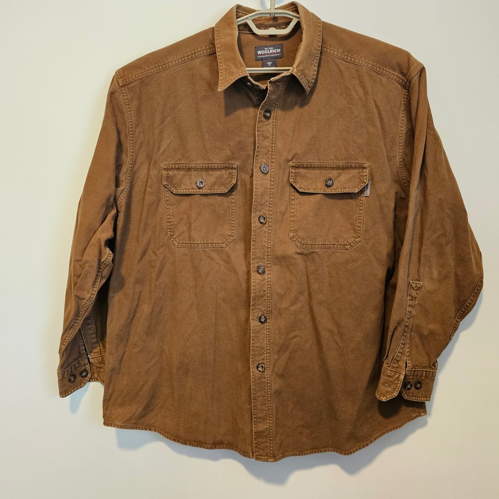 Woolrich Button Up Mens XL Work Shirt Brown Cotton Canvas Heavyweight Utility